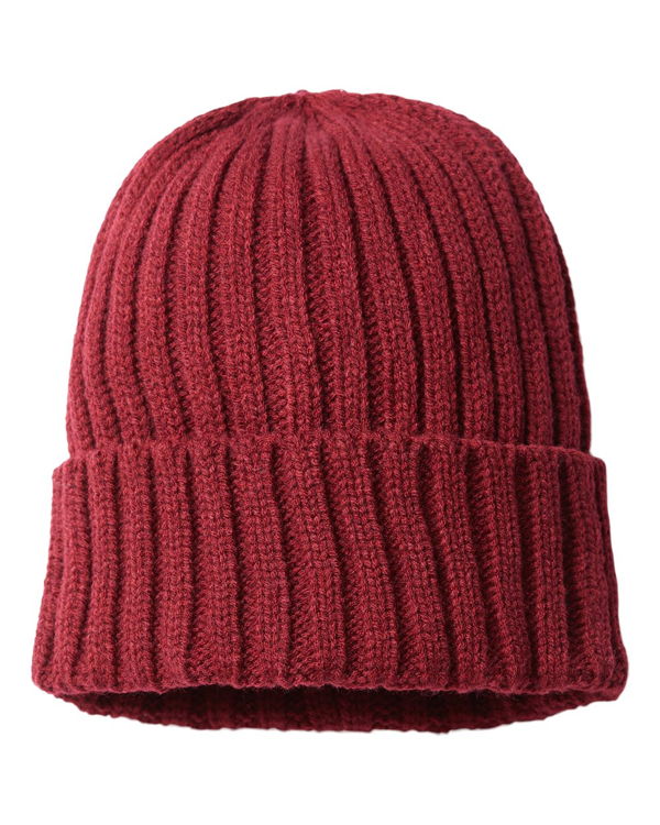 Sustainable Cable Knit Cuffed Beanie Embroidery